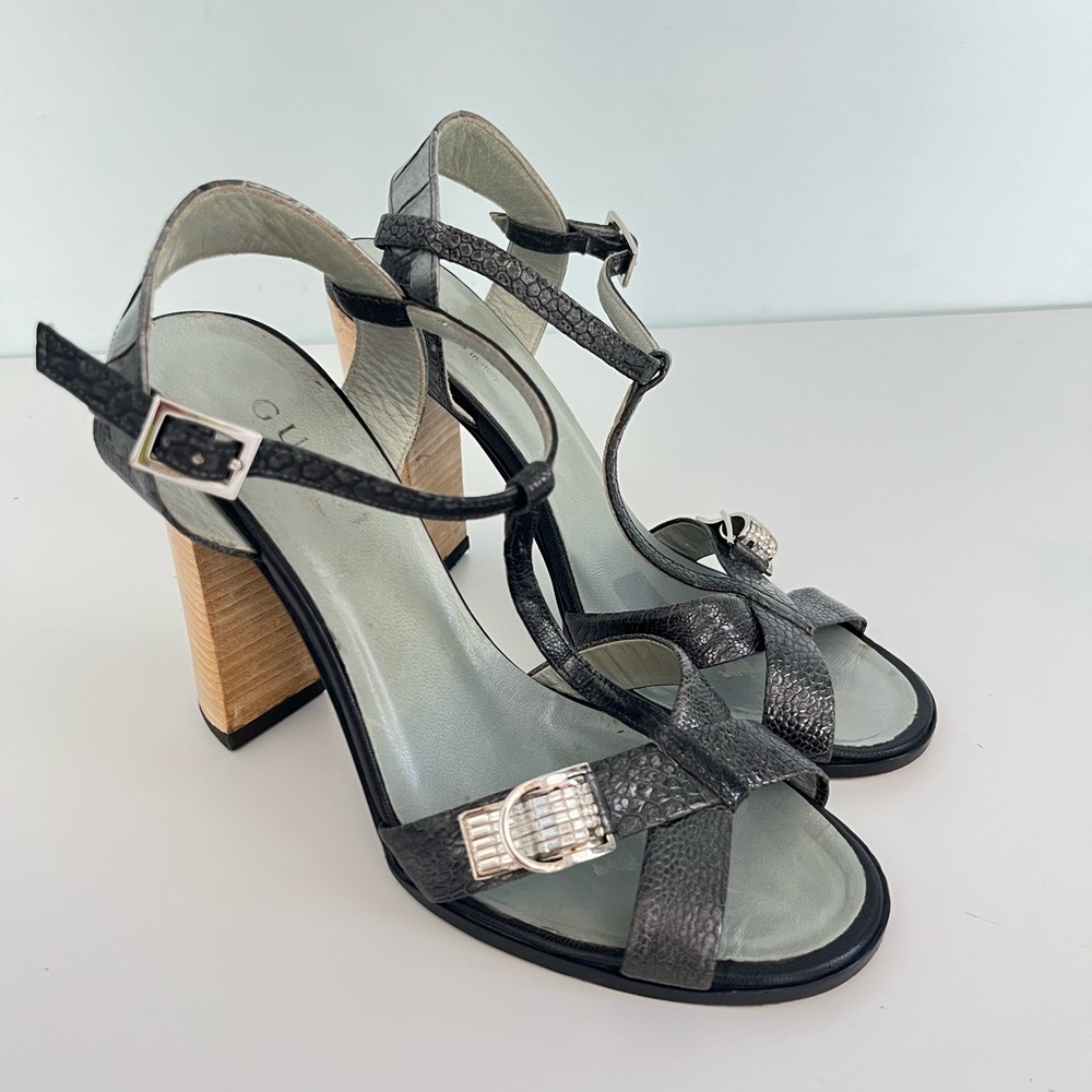 Tom Ford Gucci Vintage Charcoal Snake Skin Strappy Block Heel Sandals
